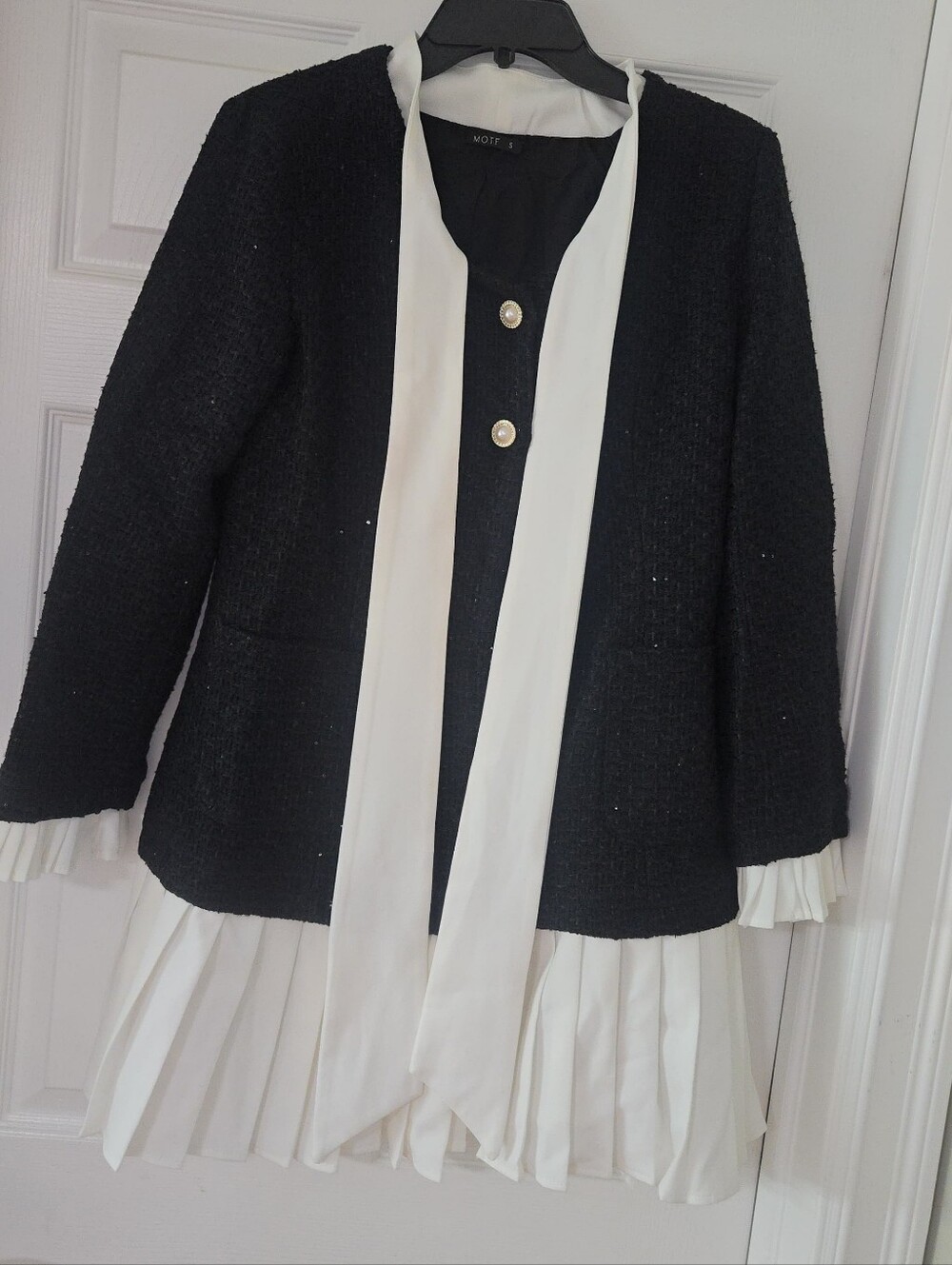 Black & White Tweed Dress with Pleated Hem